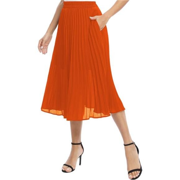 Women's Chiffon Elastic Waist A-Line Orange - Picture 7 of 7